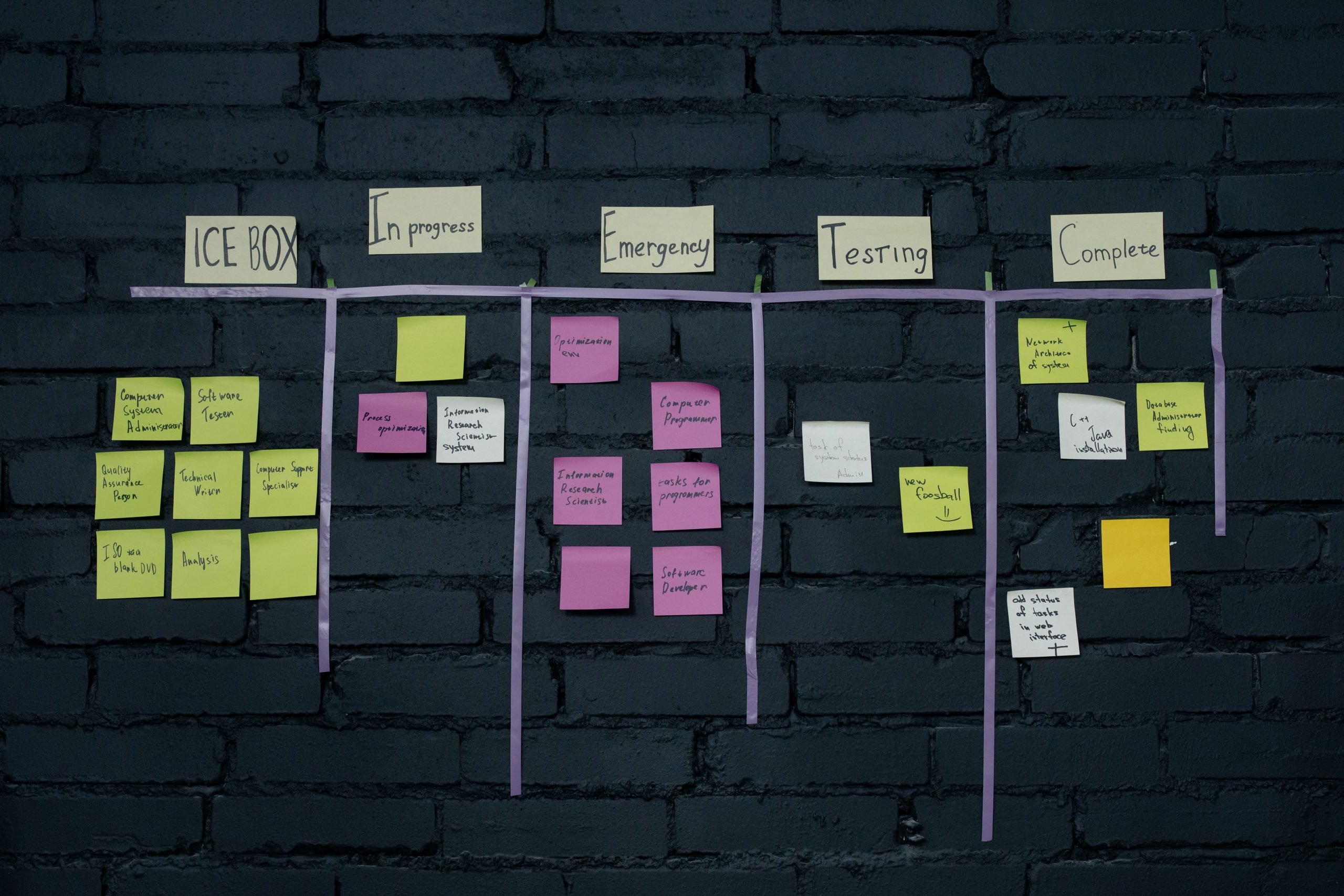 Vue de dessus tableau Kanban personnel avec notes colorées