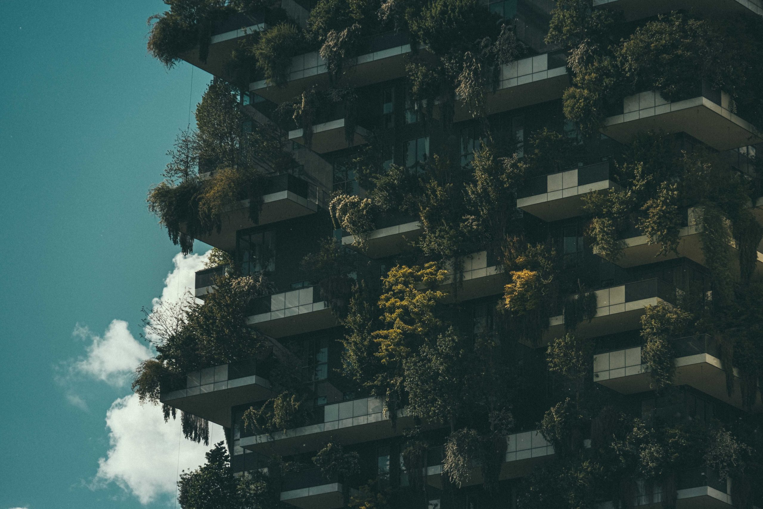 Batiment moderne avec jardins verticaux luxuriants